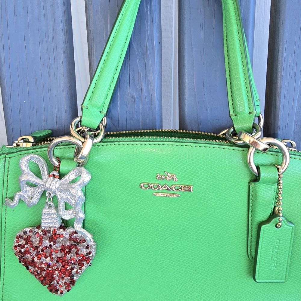 Coach Vibrant Emerald Green Satchel Christmas Rhinestone Heart. 11"x 7.25"x 4" - Picture 2 of 16
